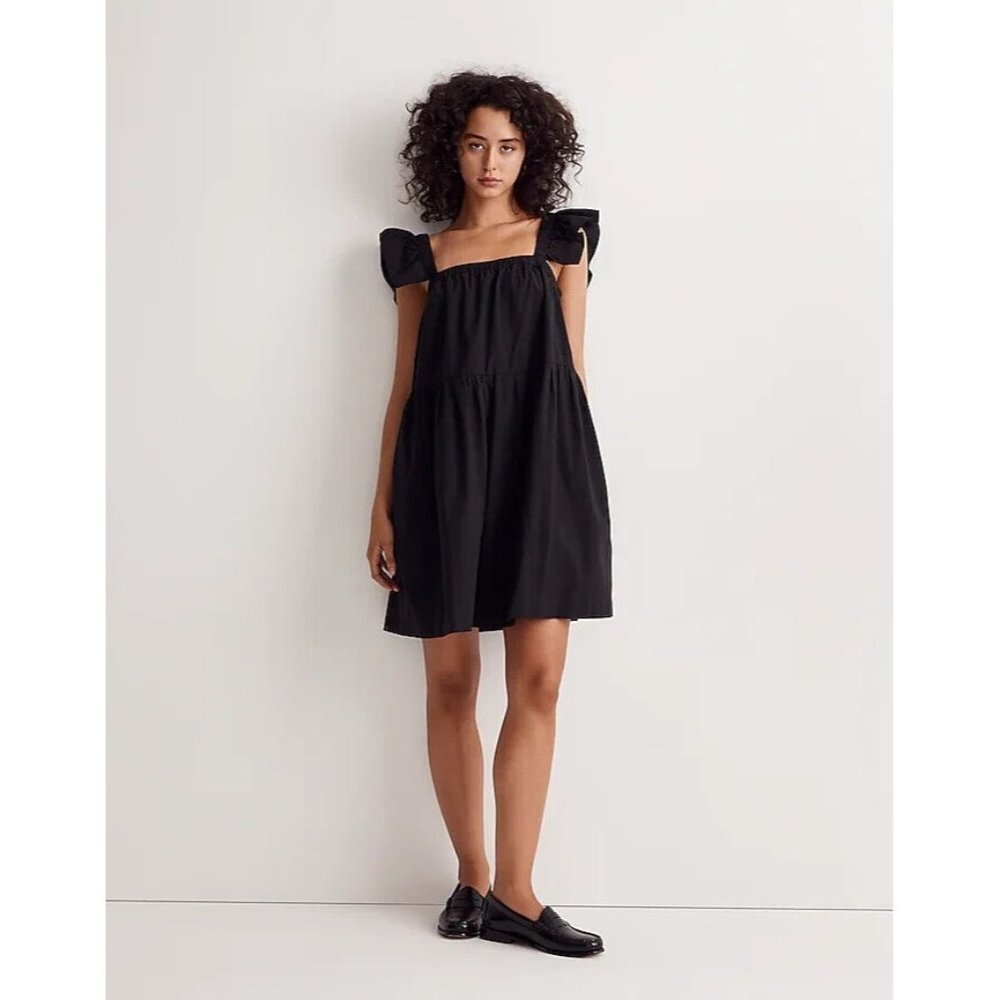 Madewell Womens Flutter-Sleeve Square-Neck Mini Dress True Black Size‎ Small